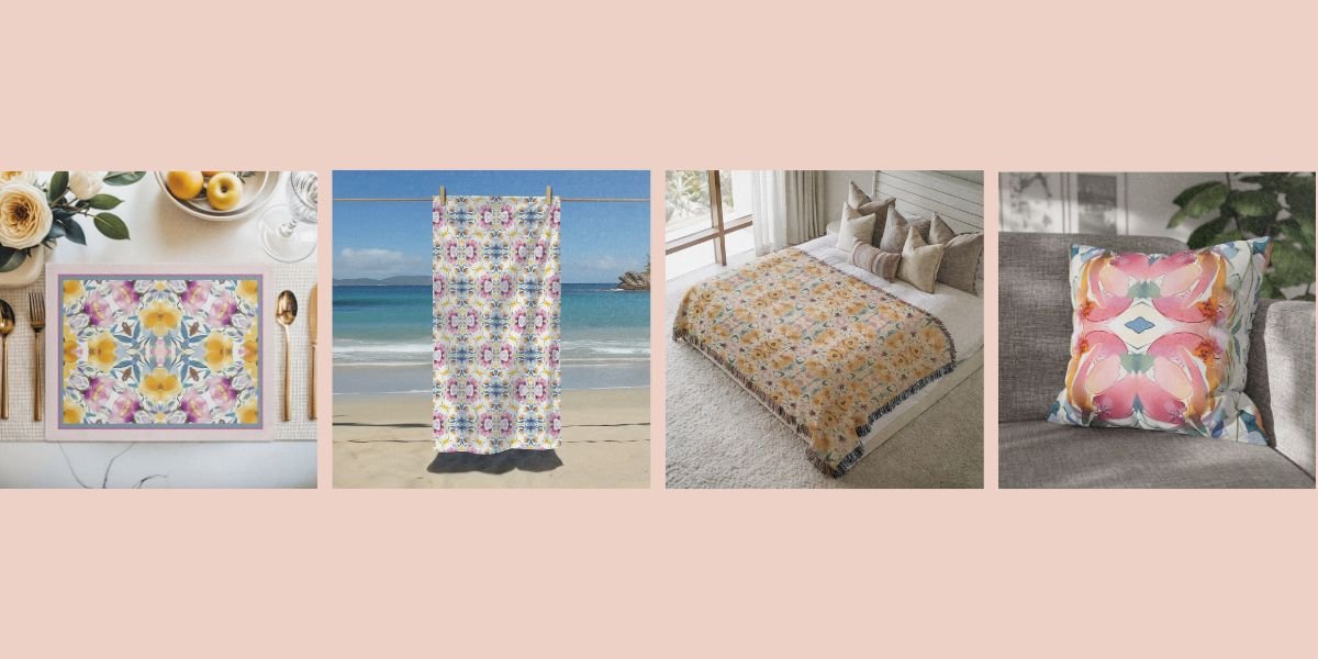 Mirrored Watercolour | Aztec Floral | Blue, Violet and Yellow - Piccolo Fiore Prints