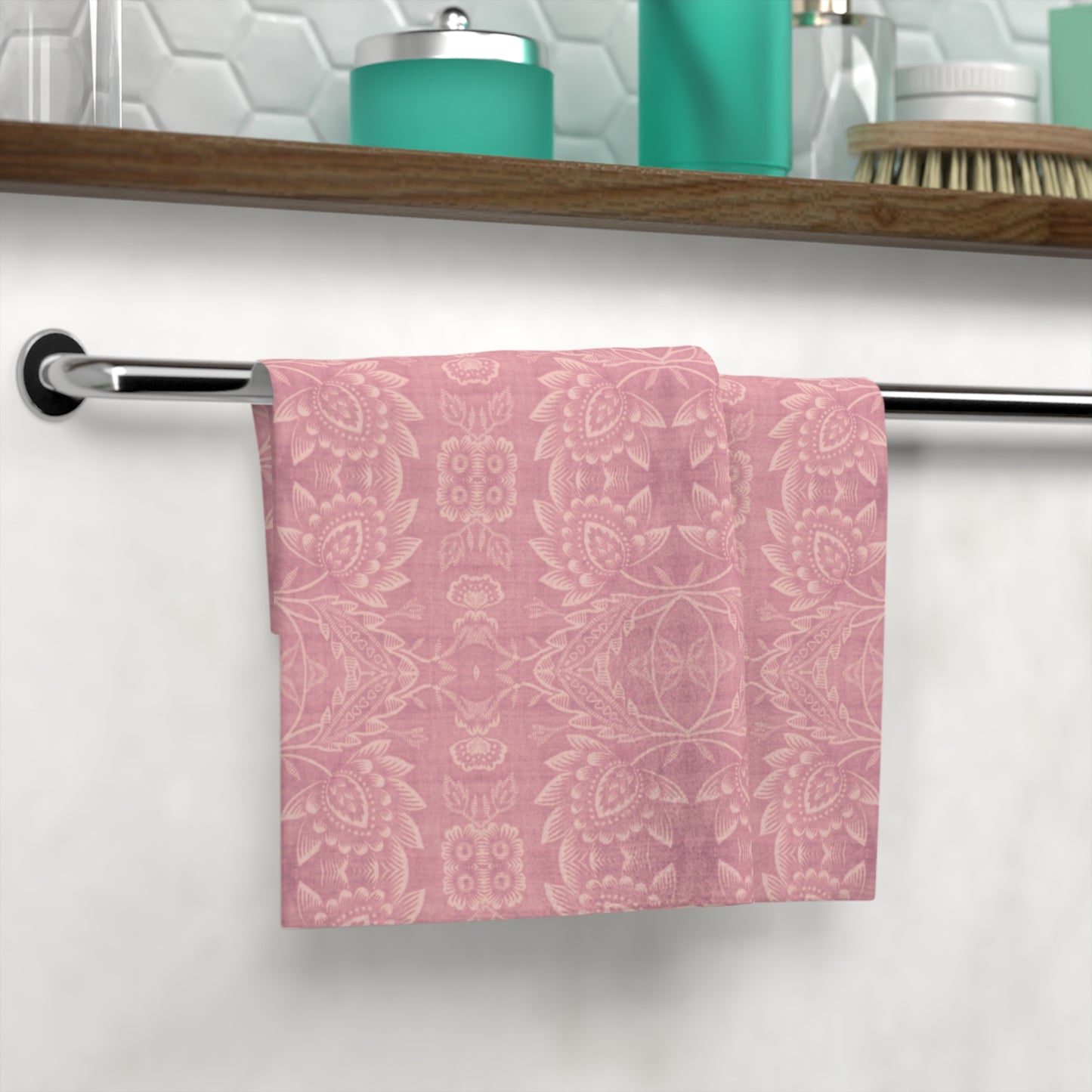 Paloma Floral Damask Stripe in Rose Pink and Cream | Face Towel