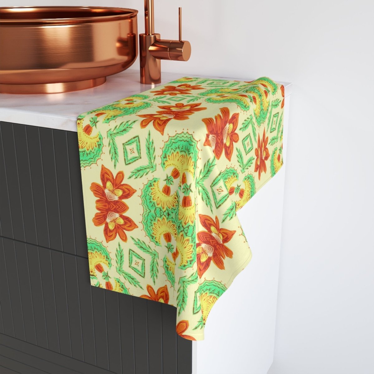 Bella Bouquet Floral Damask in Brightest Cream and Green | Hand Towel - Hand Towel - Piccolo Fiore Prints