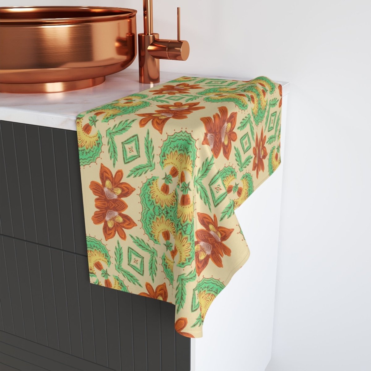 Bella Bouquet Floral Damask in Classic Cream and Green | Hand Towel - Hand Towel - Piccolo Fiore Prints