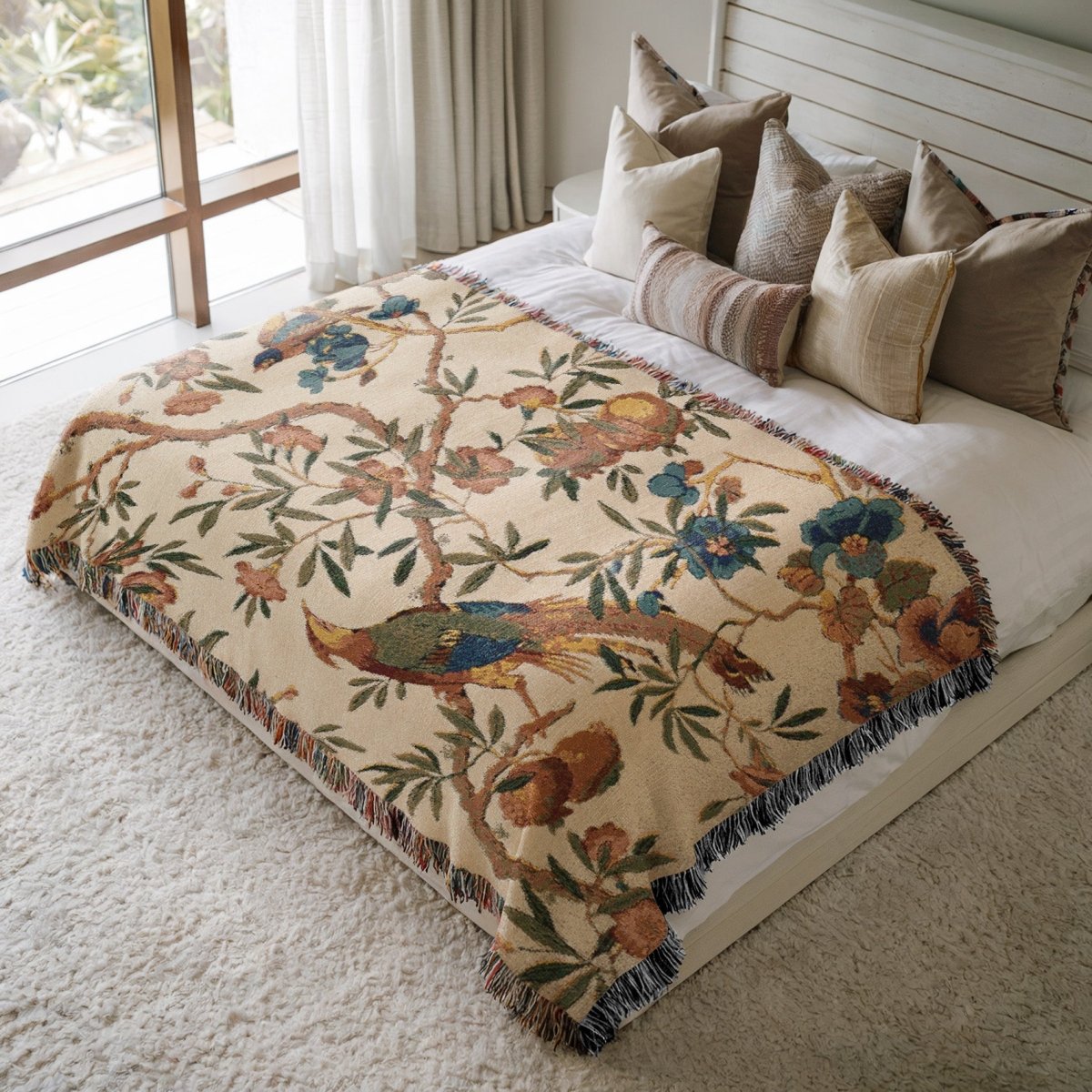 Birds and Fruit | Brightest Cream | Woven Blanket - Woven Blanket - Piccolo Fiore Prints