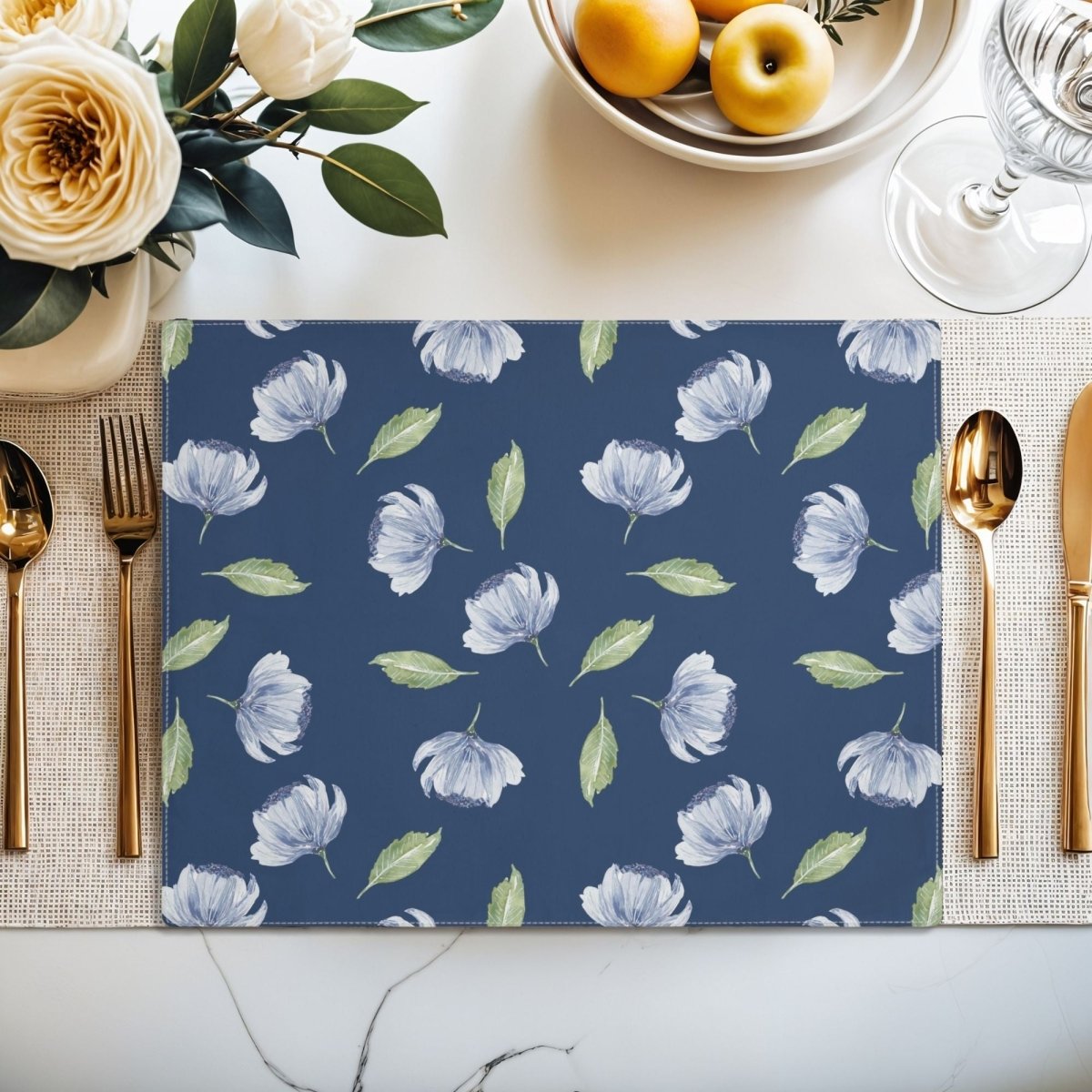 Blue Flowers and Leaves in Dark Blue | Placemat - Cotton Twill Placemat - Piccolo Fiore Prints