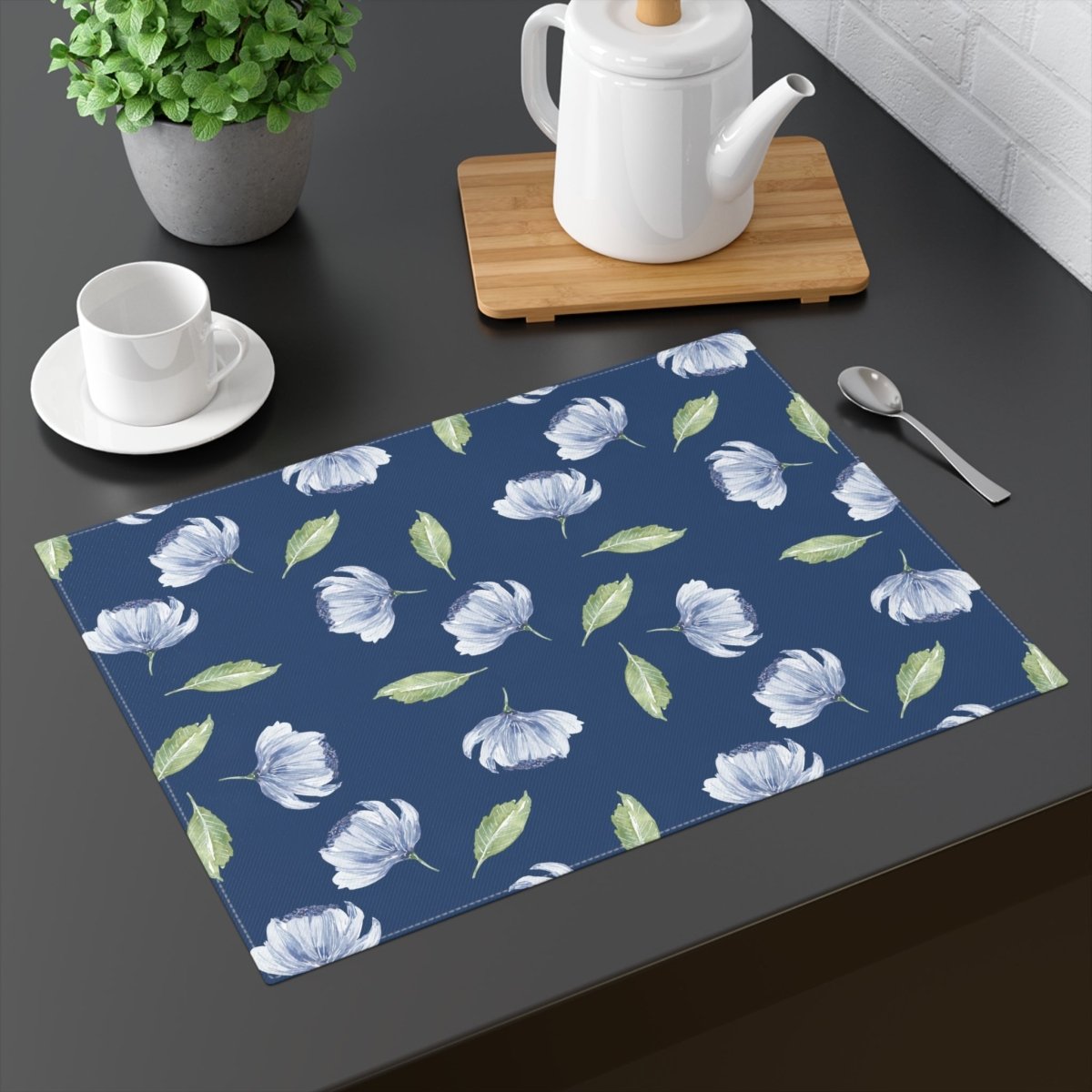 Blue Flowers and Leaves in Dark Blue | Placemat - Cotton Twill Placemat - Piccolo Fiore Prints