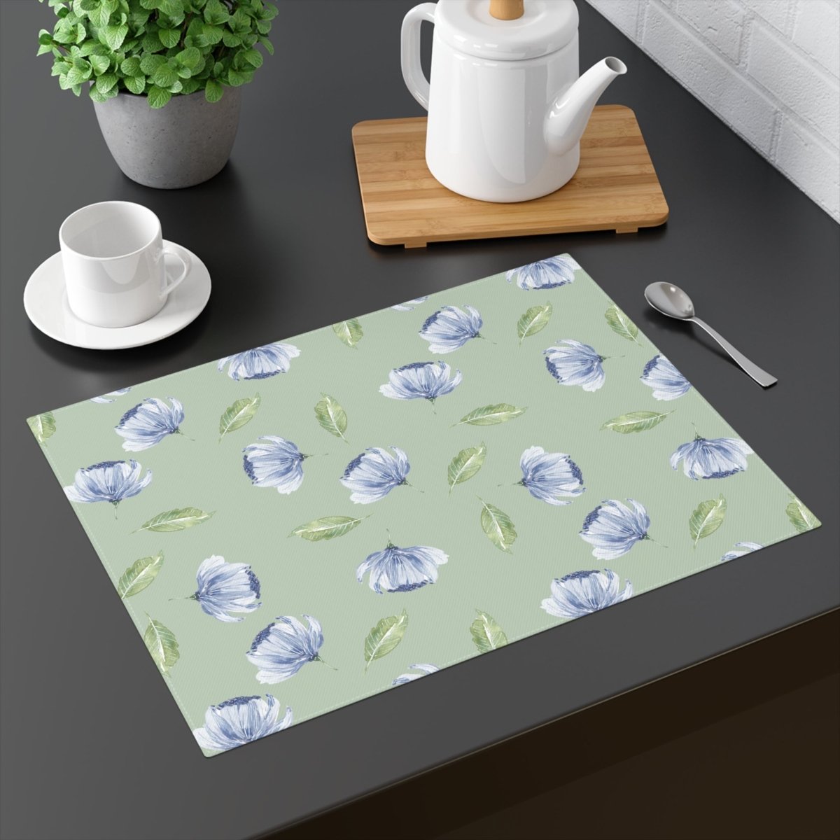 Blue Flowers and Leaves in Green | Placemat - Cotton Twill Placemat - Piccolo Fiore Prints