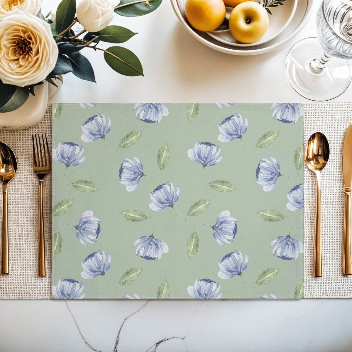 Blue Flowers and Leaves in Green | Placemat - Cotton Twill Placemat - Piccolo Fiore Prints