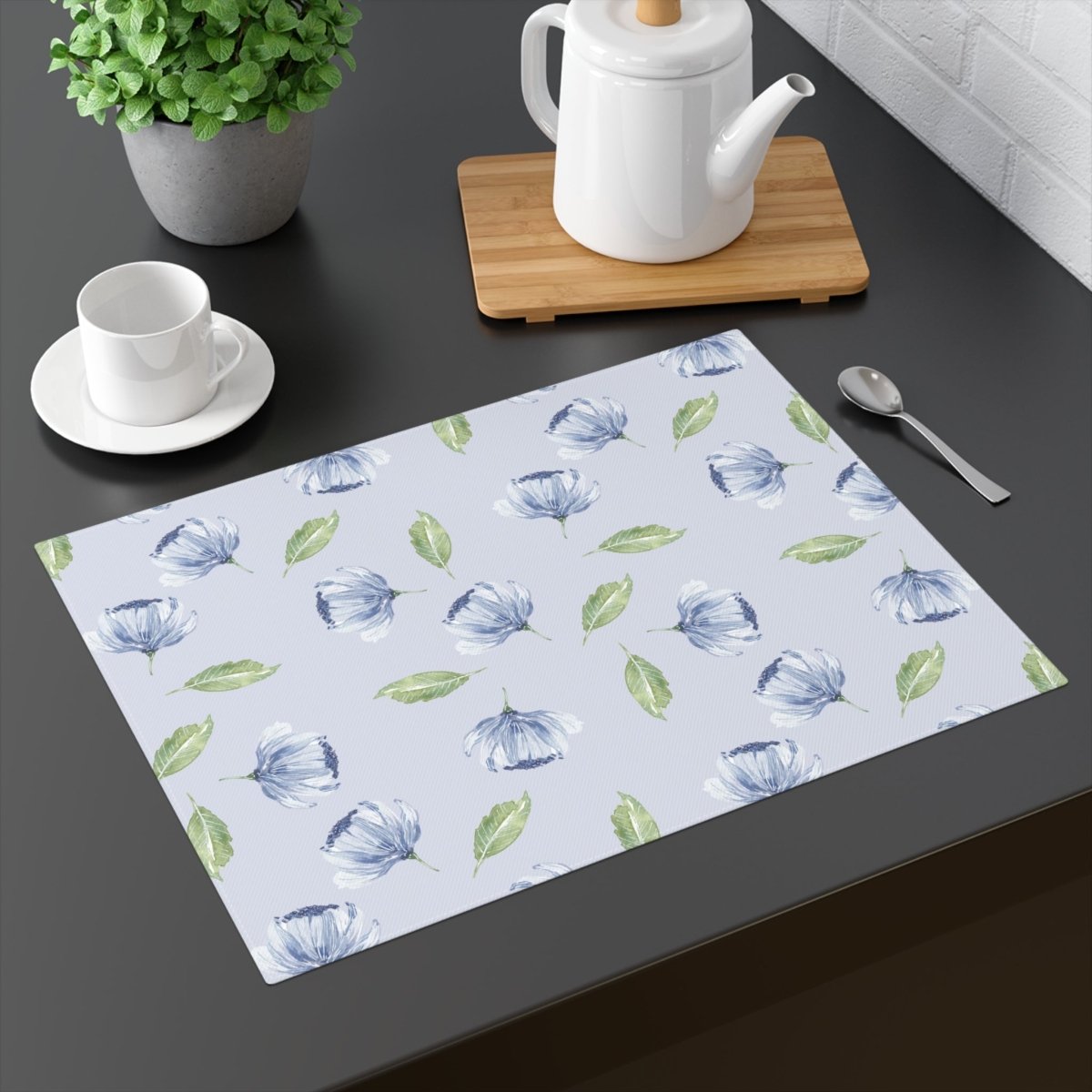 Blue Flowers and Leaves in Light Blue | Placemat - Cotton Twill Placemat - Piccolo Fiore Prints