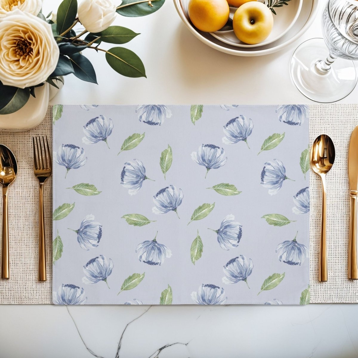Blue Flowers and Leaves in Light Blue | Placemat - Cotton Twill Placemat - Piccolo Fiore Prints
