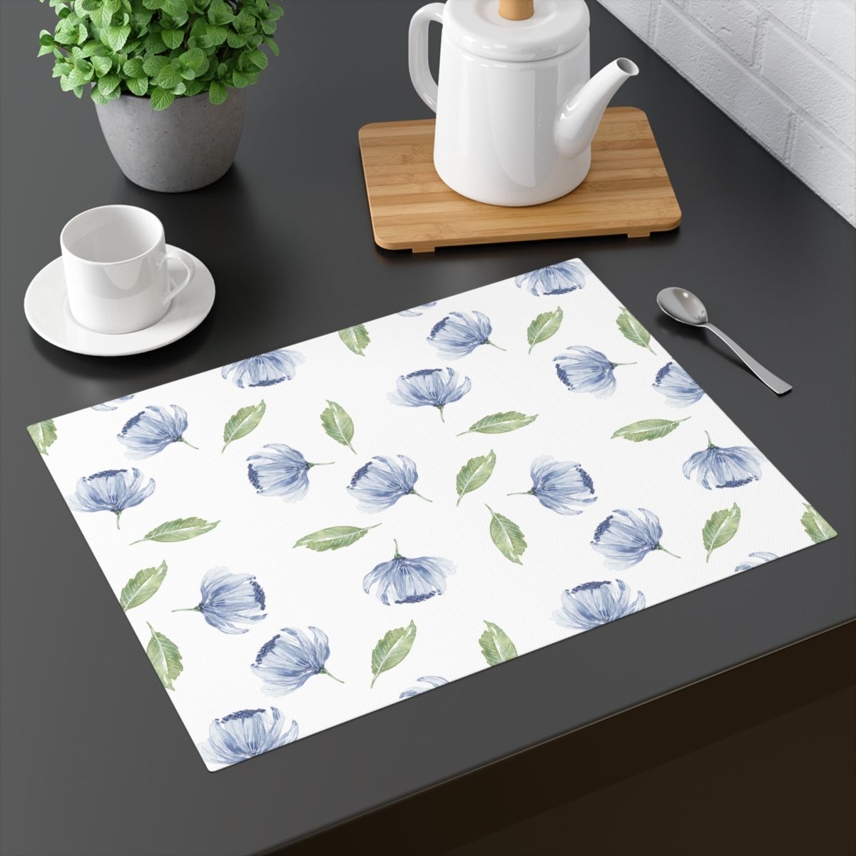 Blue Flowers and Leaves in White | Placemat - Cotton Twill Placemat - Piccolo Fiore Prints