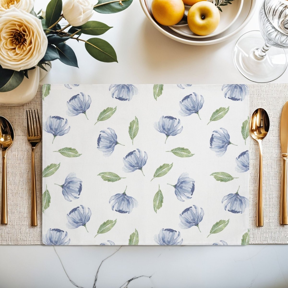 Blue Flowers and Leaves in White | Placemat - Cotton Twill Placemat - Piccolo Fiore Prints