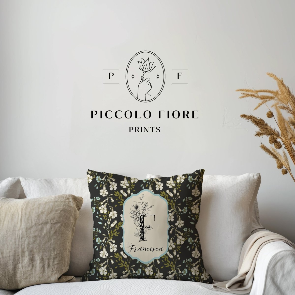 Botanical Monogram in Black and Cream | Throw Pillow - Throw Pillow - Piccolo Fiore Prints