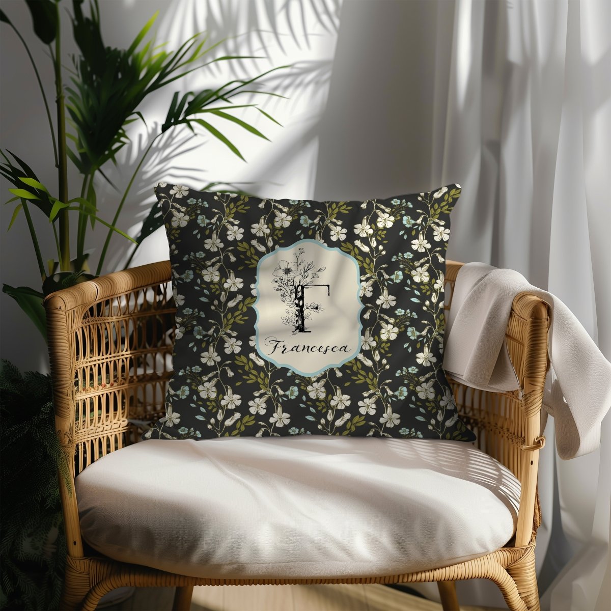 Botanical Monogram in Black and Cream | Throw Pillow - Throw Pillow - Piccolo Fiore Prints