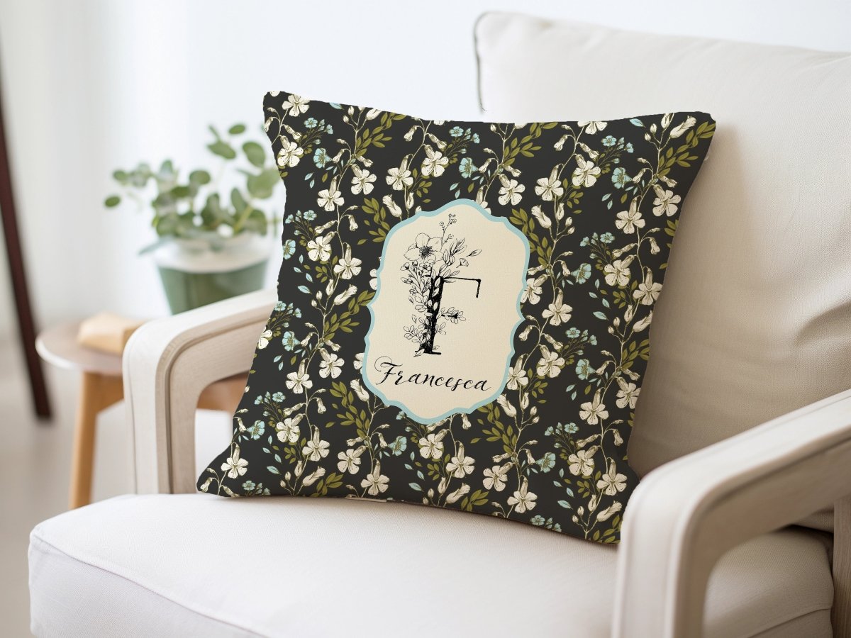 Botanical Monogram in Black and Cream | Throw Pillow - Throw Pillow - Piccolo Fiore Prints