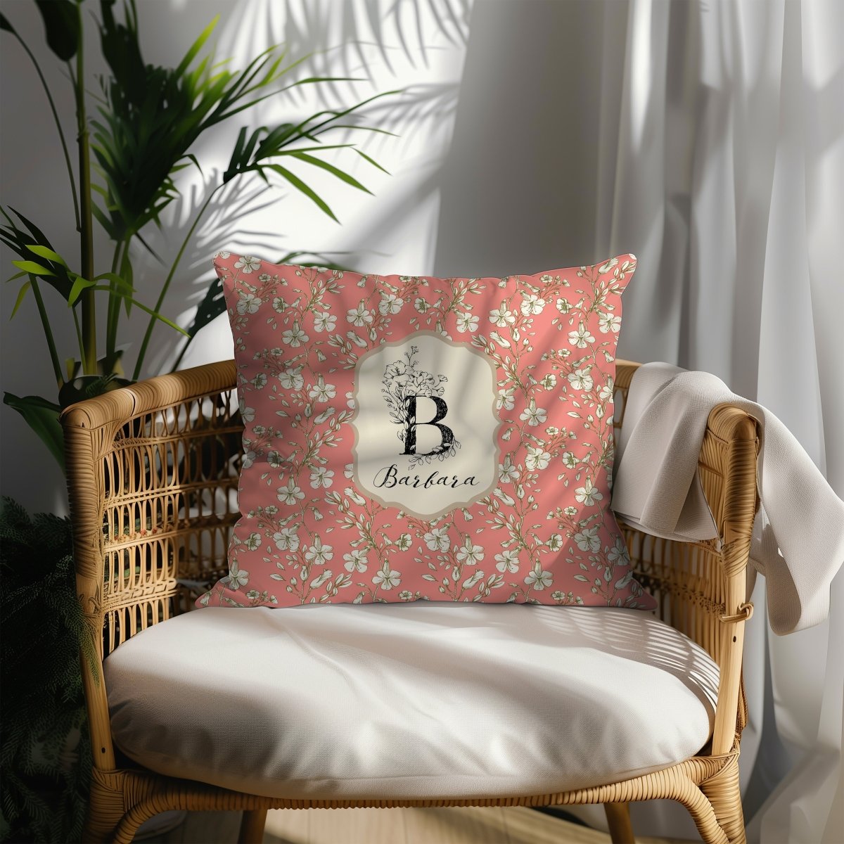Botanical Monogram in Coral and Cream | Throw Pillow - Throw Pillow - Piccolo Fiore Prints