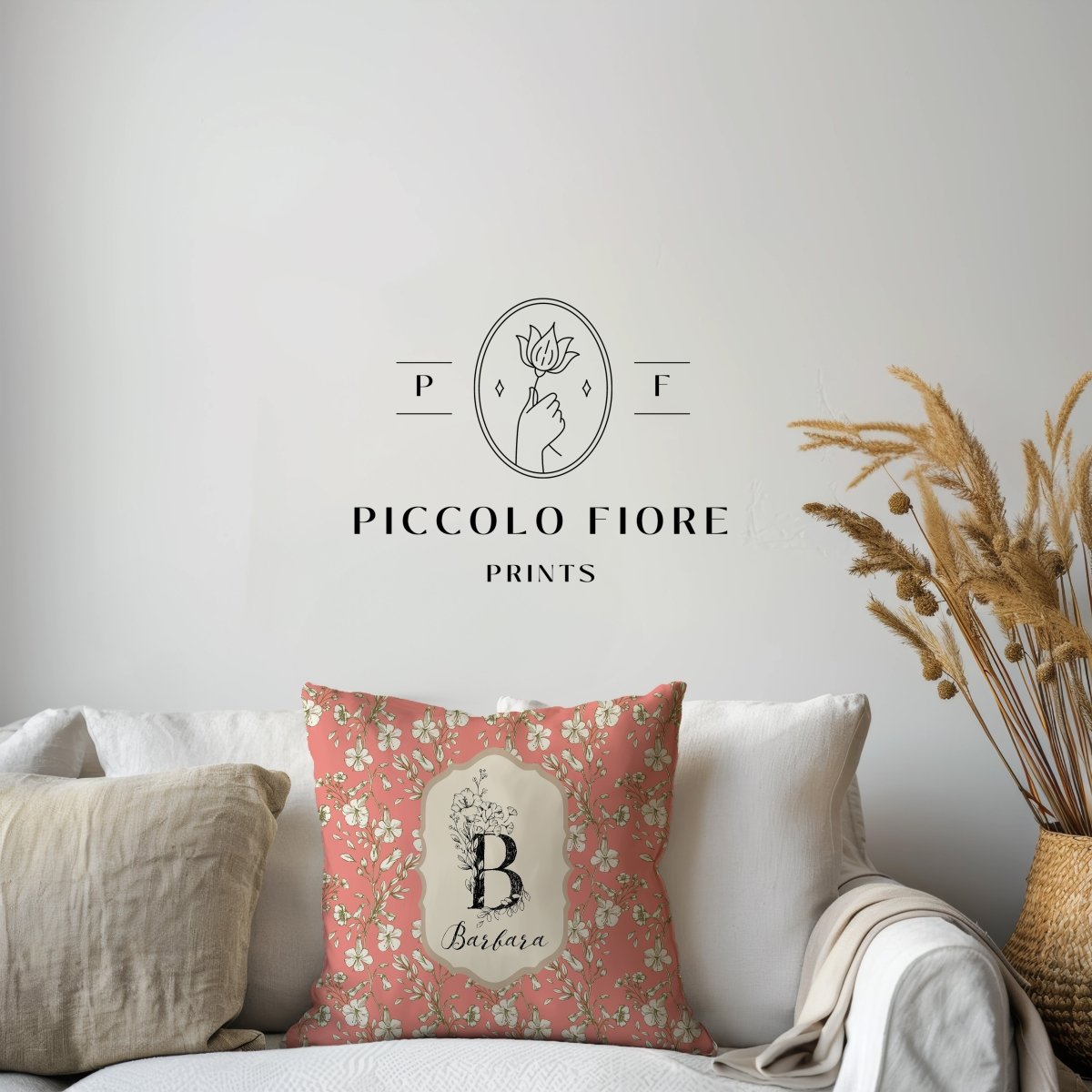 Botanical Monogram in Coral and Cream | Throw Pillow - Throw Pillow - Piccolo Fiore Prints