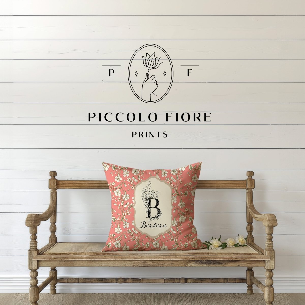 Botanical Monogram in Coral and Cream | Throw Pillow - Throw Pillow - Piccolo Fiore Prints
