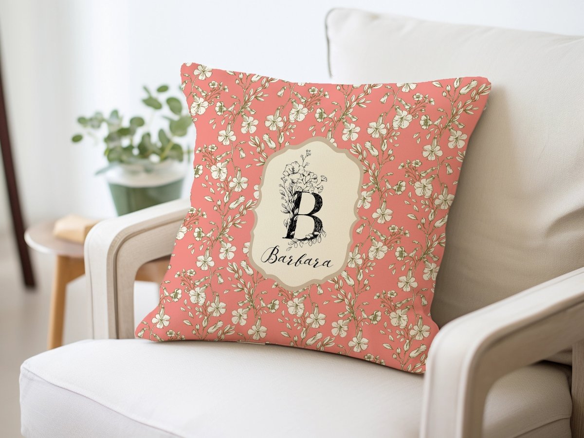 Botanical Monogram in Coral and Cream | Throw Pillow - Throw Pillow - Piccolo Fiore Prints