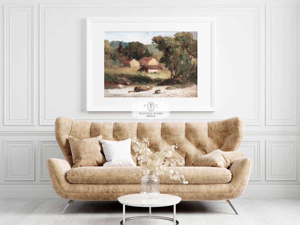 Country Farmhouse and River Landscape | P386 - Single Art Prints - Piccolo Fiore Prints