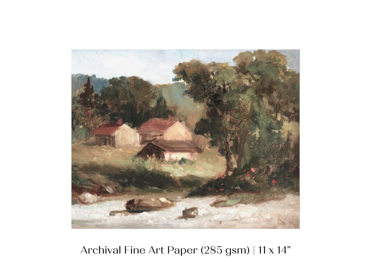 Country Farmhouse and River Landscape | P386 - Single Art Prints - Piccolo Fiore Prints