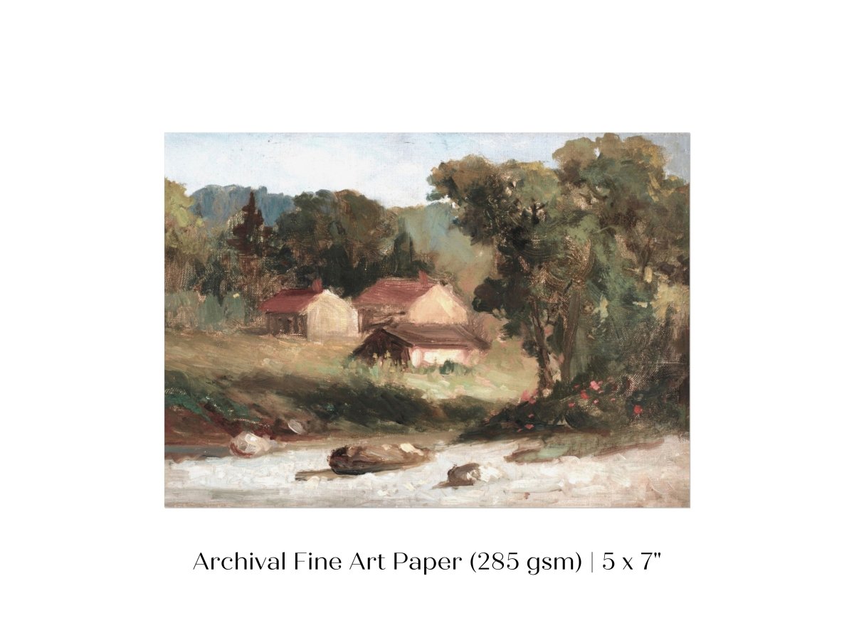 Country Farmhouse and River Landscape | P386 - Single Art Prints - Piccolo Fiore Prints