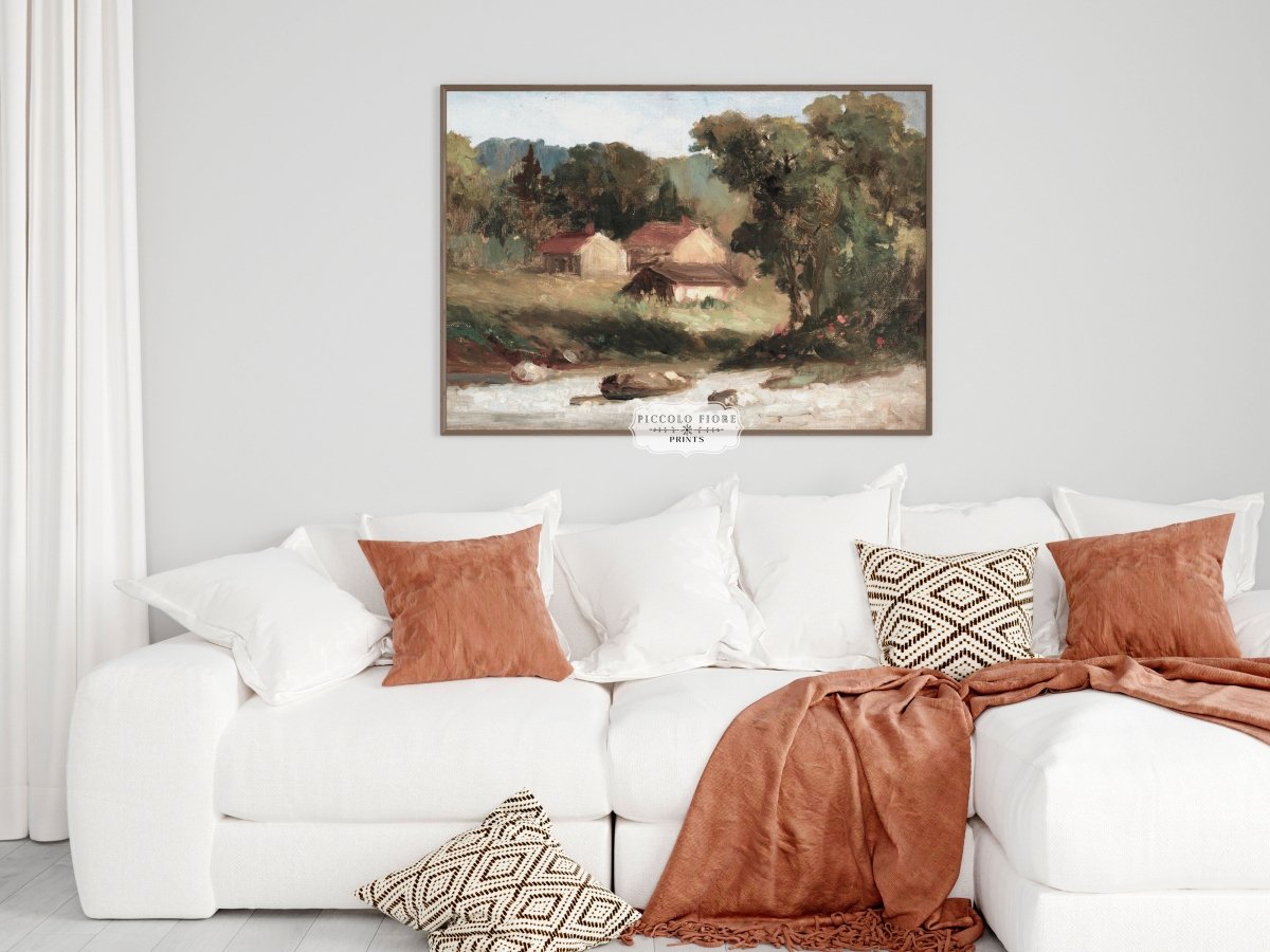 Country Farmhouse and River Landscape | P386 - Single Art Prints - Piccolo Fiore Prints