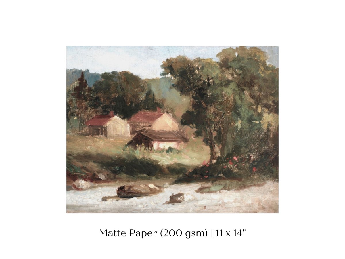 Country Farmhouse and River Landscape | P386 - Single Art Prints - Piccolo Fiore Prints