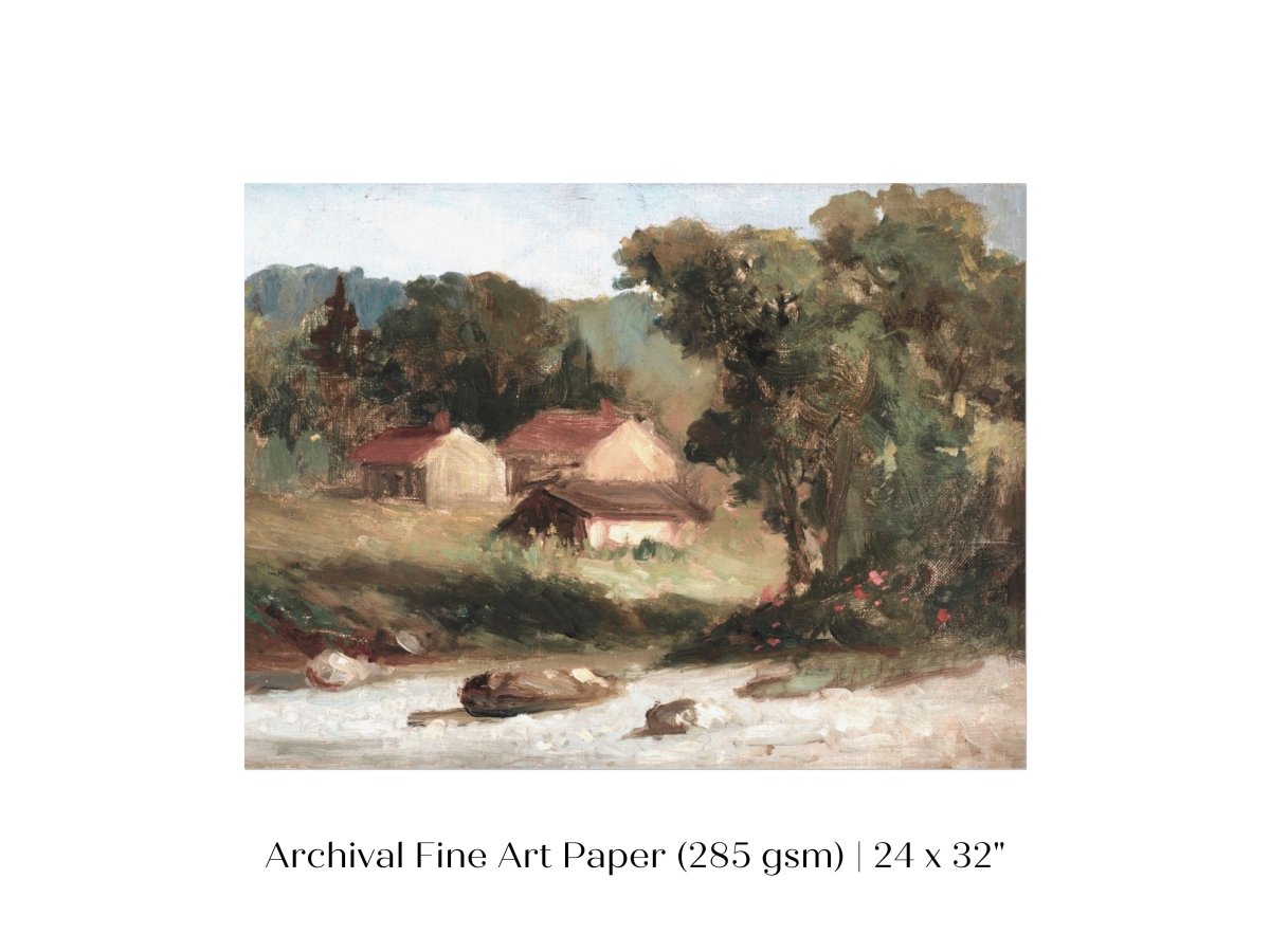 Country Farmhouse and River Landscape | P386 - Single Art Prints - Piccolo Fiore Prints