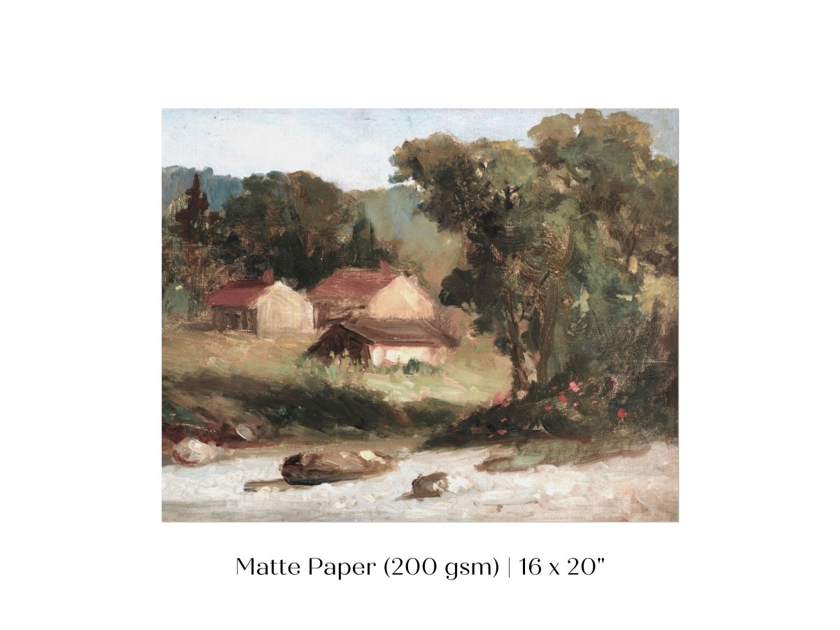 Country Farmhouse and River Landscape | P386 - Single Art Prints - Piccolo Fiore Prints