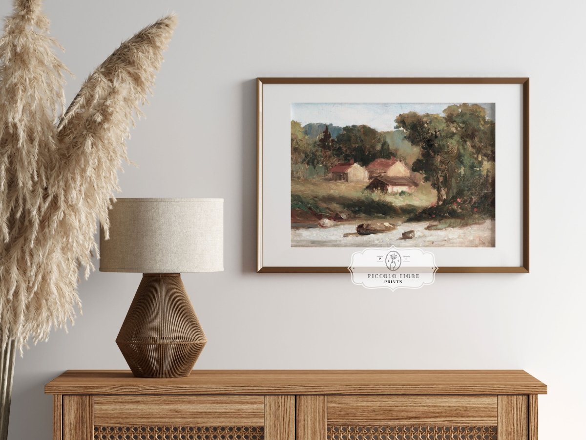 Country Farmhouse and River Landscape | P386 - Single Art Prints - Piccolo Fiore Prints