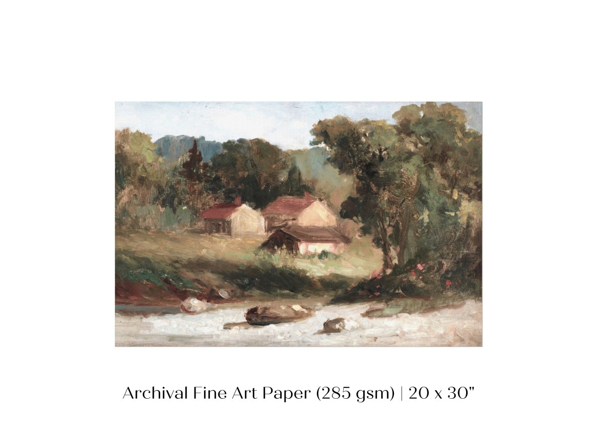 Country Farmhouse and River Landscape | P386 - Single Art Prints - Piccolo Fiore Prints