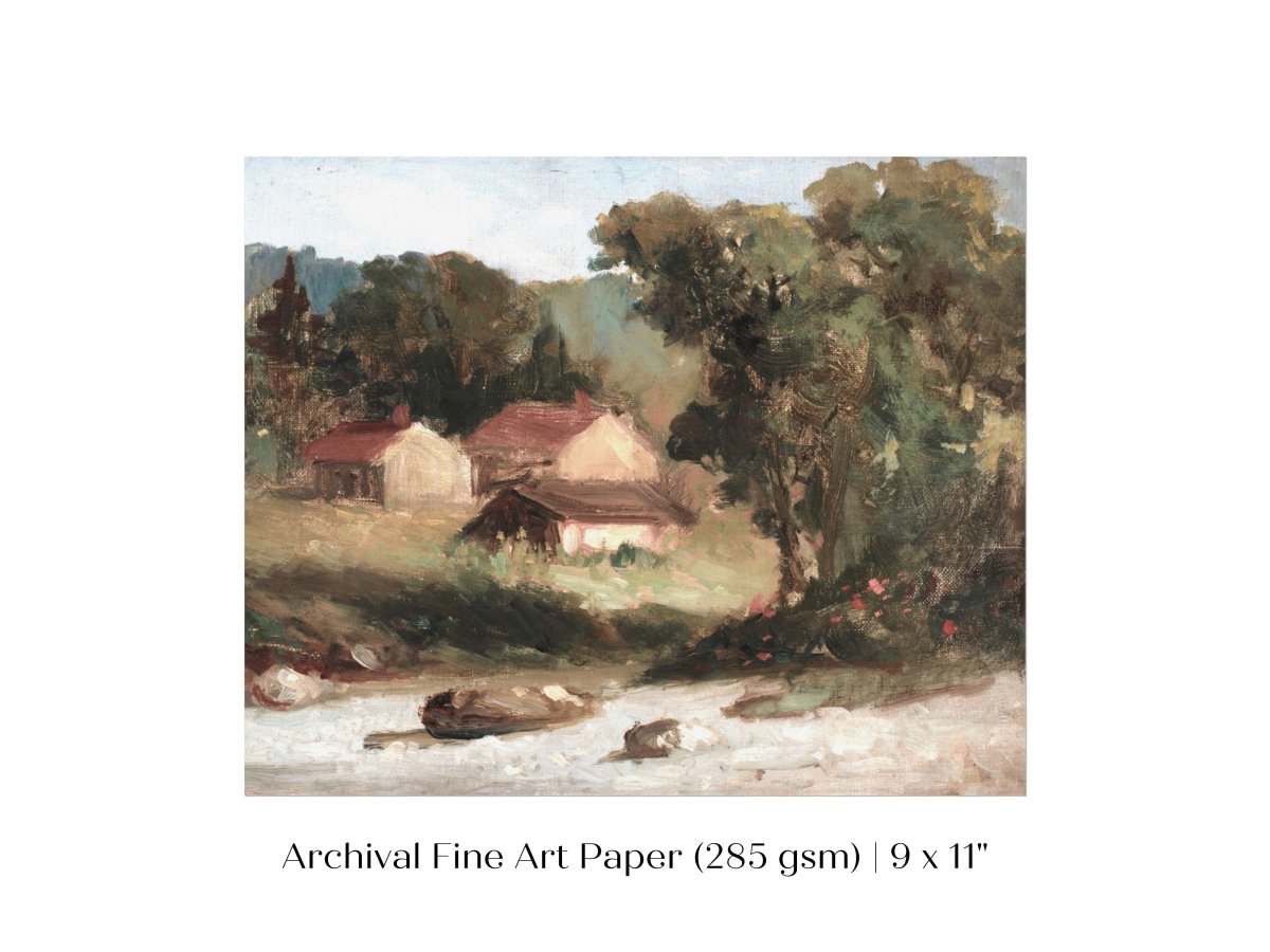 Country Farmhouse and River Landscape | P386 - Single Art Prints - Piccolo Fiore Prints