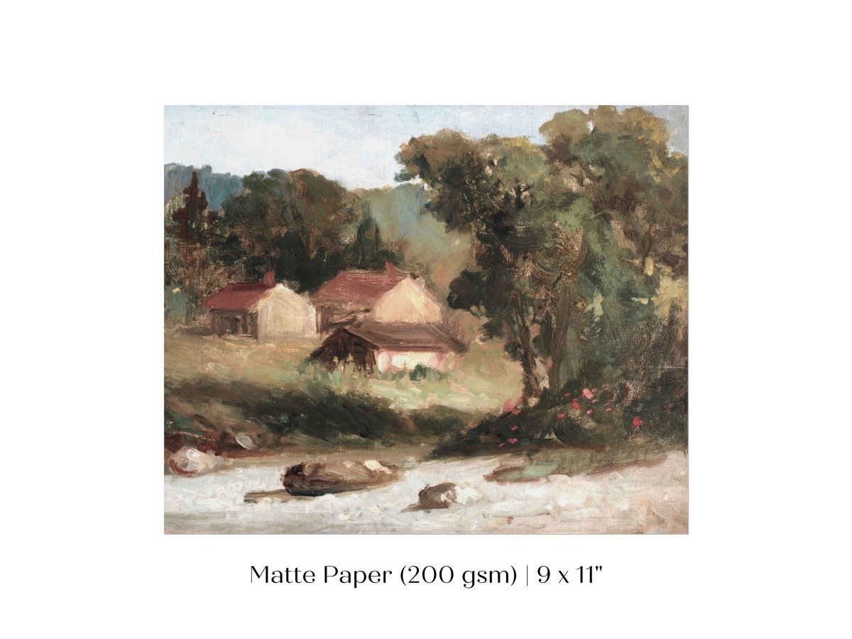 Country Farmhouse and River Landscape | P386 - Single Art Prints - Piccolo Fiore Prints