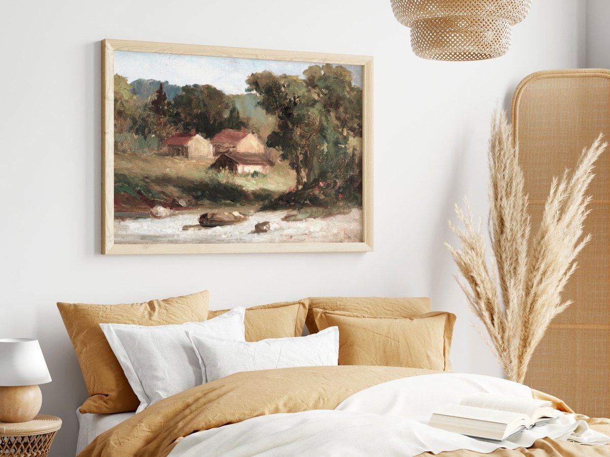 Country Farmhouse and River Landscape | P386 - Single Art Prints - Piccolo Fiore Prints