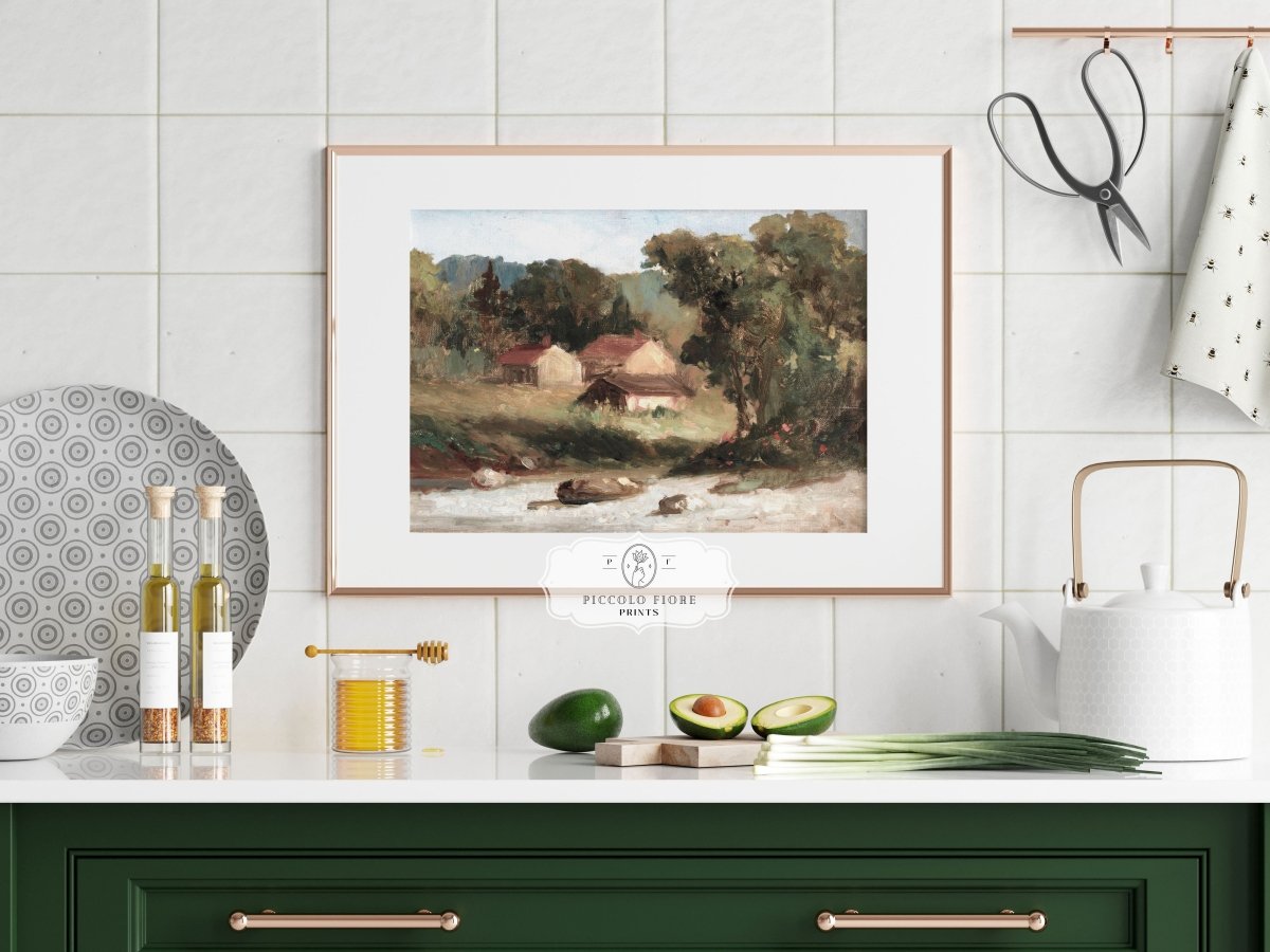 Country Farmhouse and River Landscape | P386 - Single Art Prints - Piccolo Fiore Prints