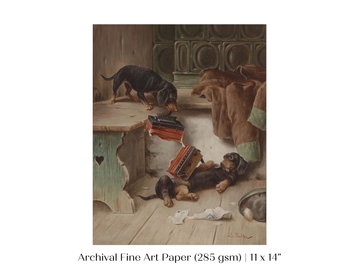 Dachshunds and Concertina | P414 - Single Art Prints - Piccolo Fiore Prints