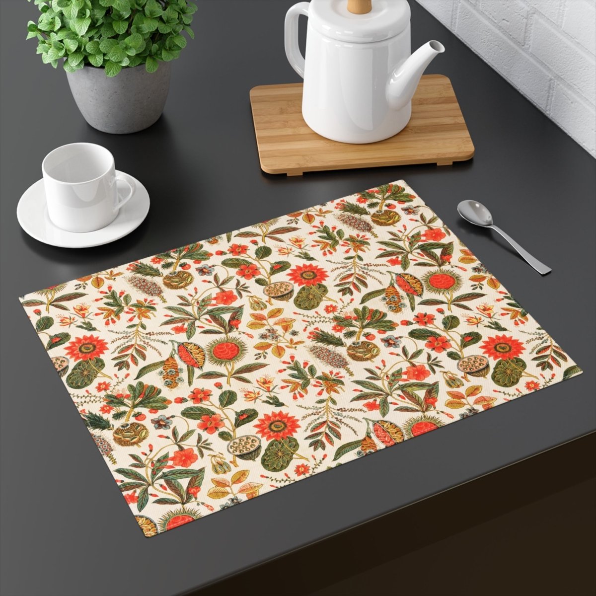 Flora in Bright Orange and Khaki | Placemat - Cotton Twill Placemat - Piccolo Fiore Prints