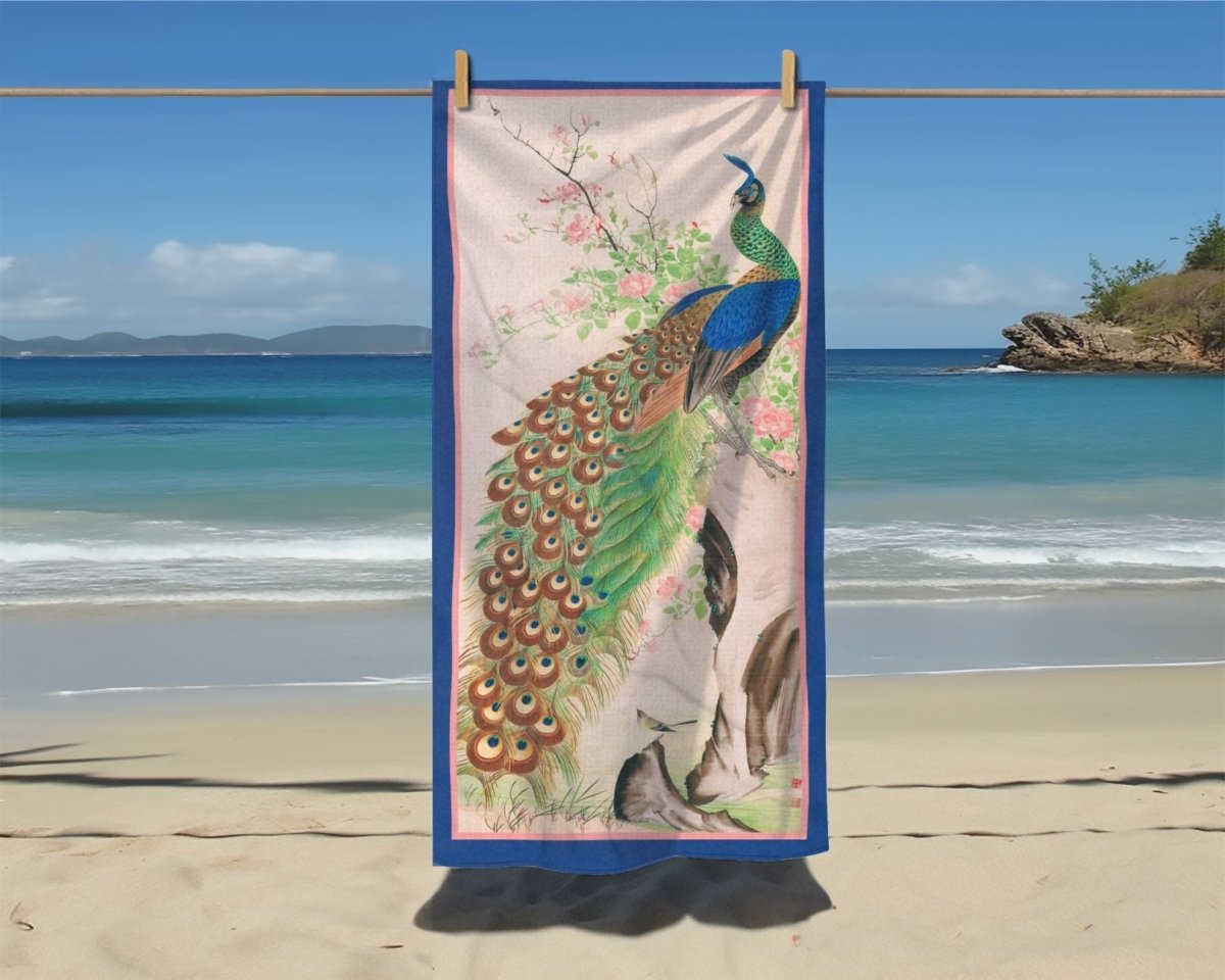 Japanese Peacock in Pink and Blue | Beach Towel - Beach Towel - Piccolo Fiore Prints