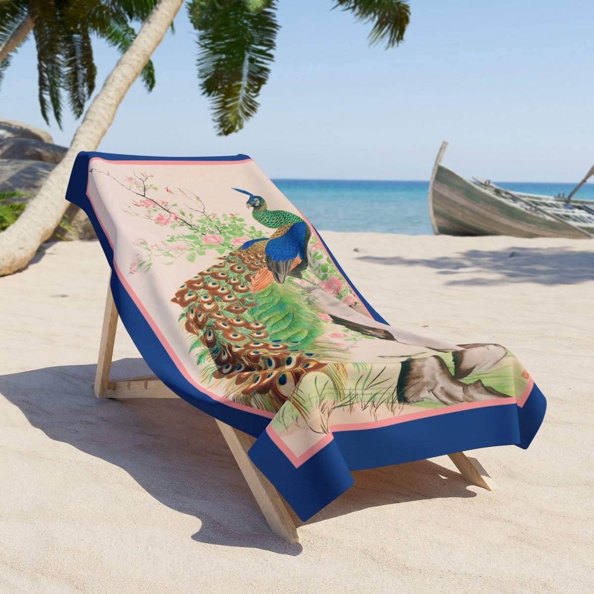 Japanese Peacock in Pink and Blue | Beach Towel - Beach Towel - Piccolo Fiore Prints