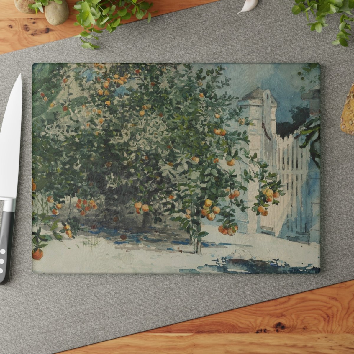 Orange Trees and Gate | Glass Chopping Board - Glass Chopping Board - Piccolo Fiore Prints