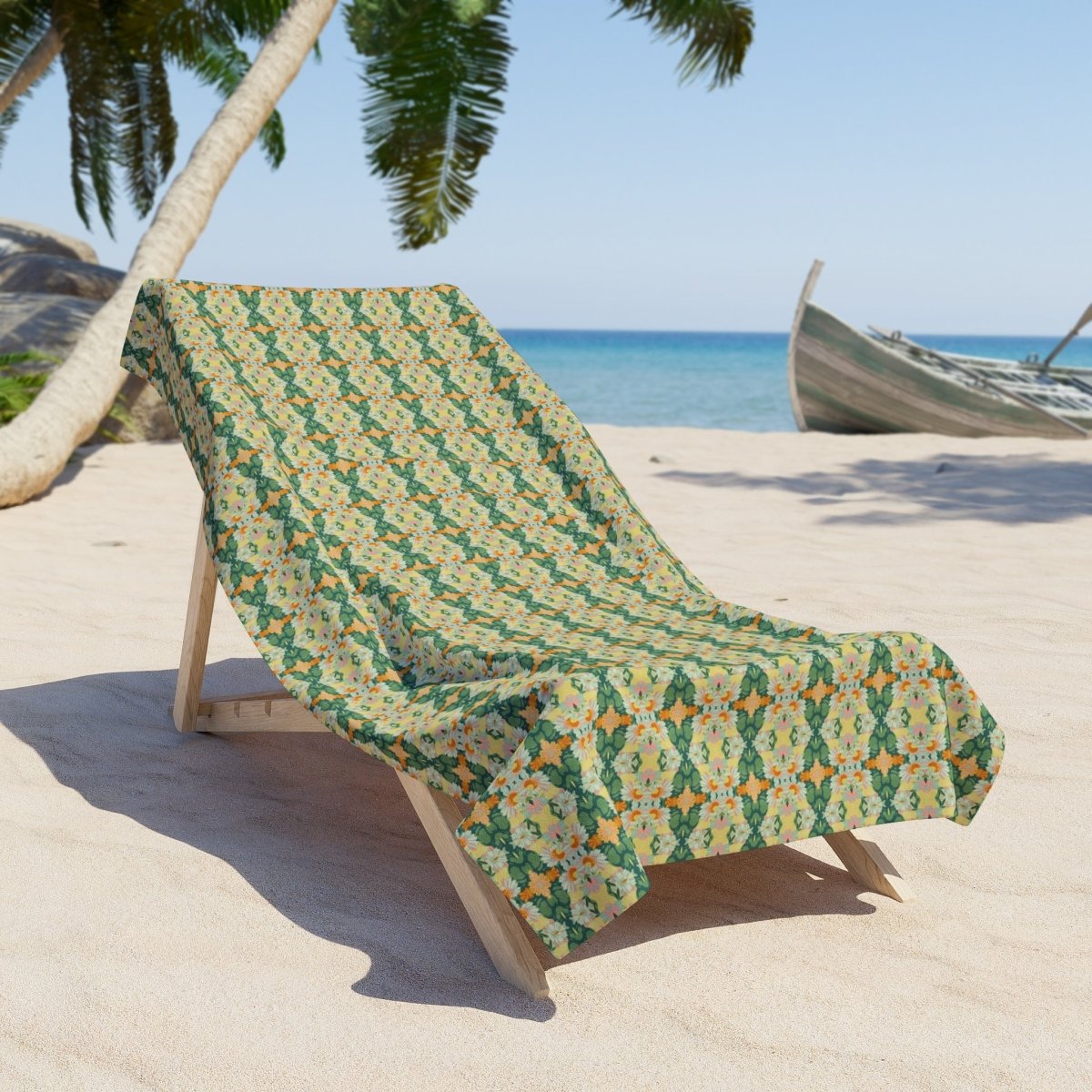 Ortensia Retro Floral Damask Stripe in Bright Green and Orange | Beach Towel - Beach Towel - Piccolo Fiore Prints