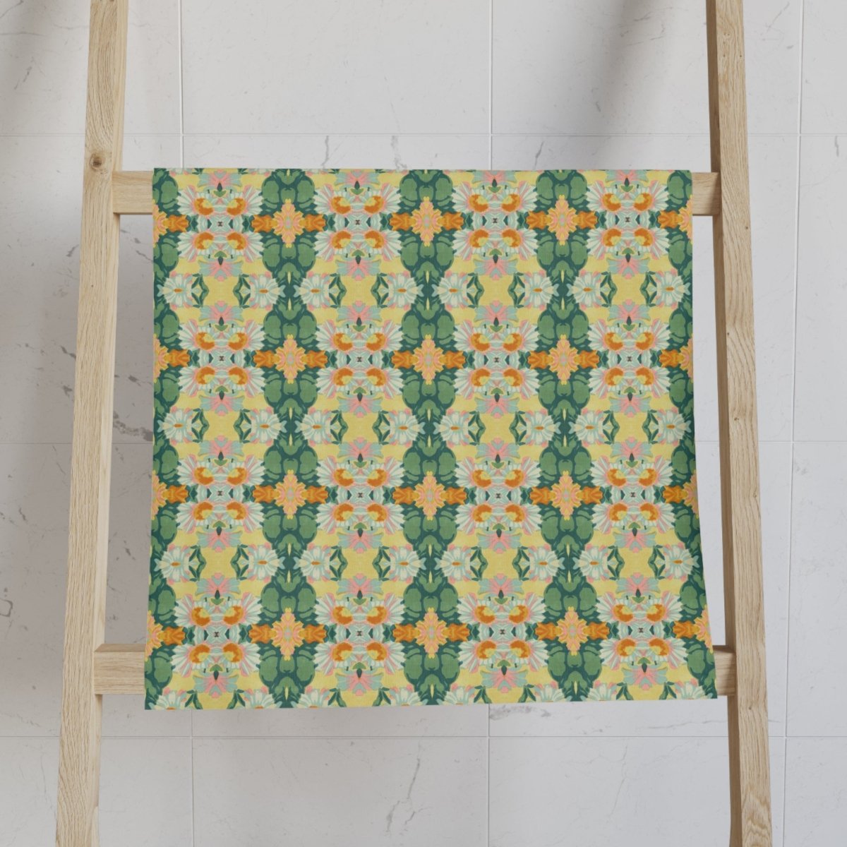 Ortensia Retro Floral Damask Stripe in Bright Green and Orange | Hand Towel - Hand Towel - Piccolo Fiore Prints