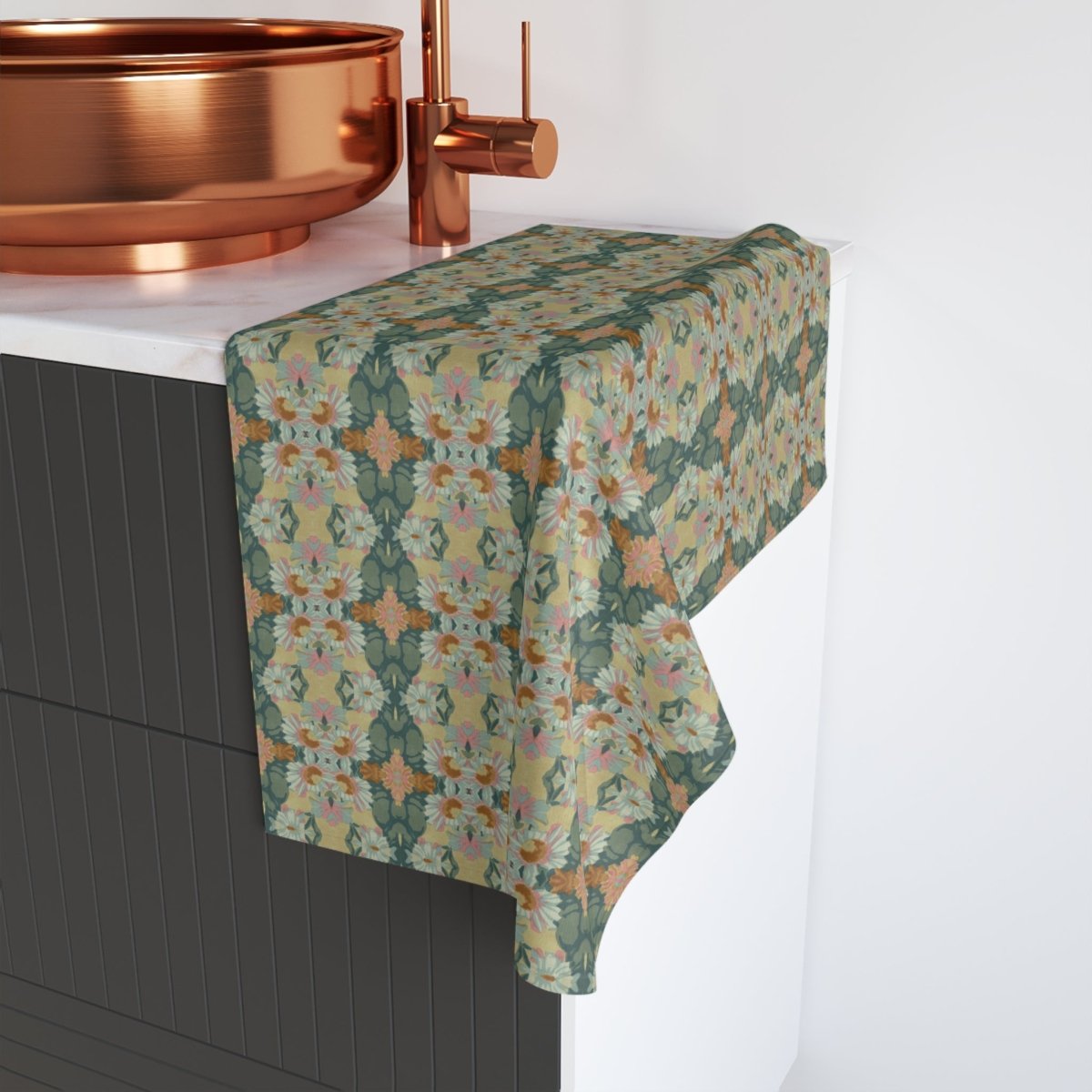 Ortensia Retro Floral Damask Stripe in Muted Green | Hand Towel - Hand Towel - Piccolo Fiore Prints