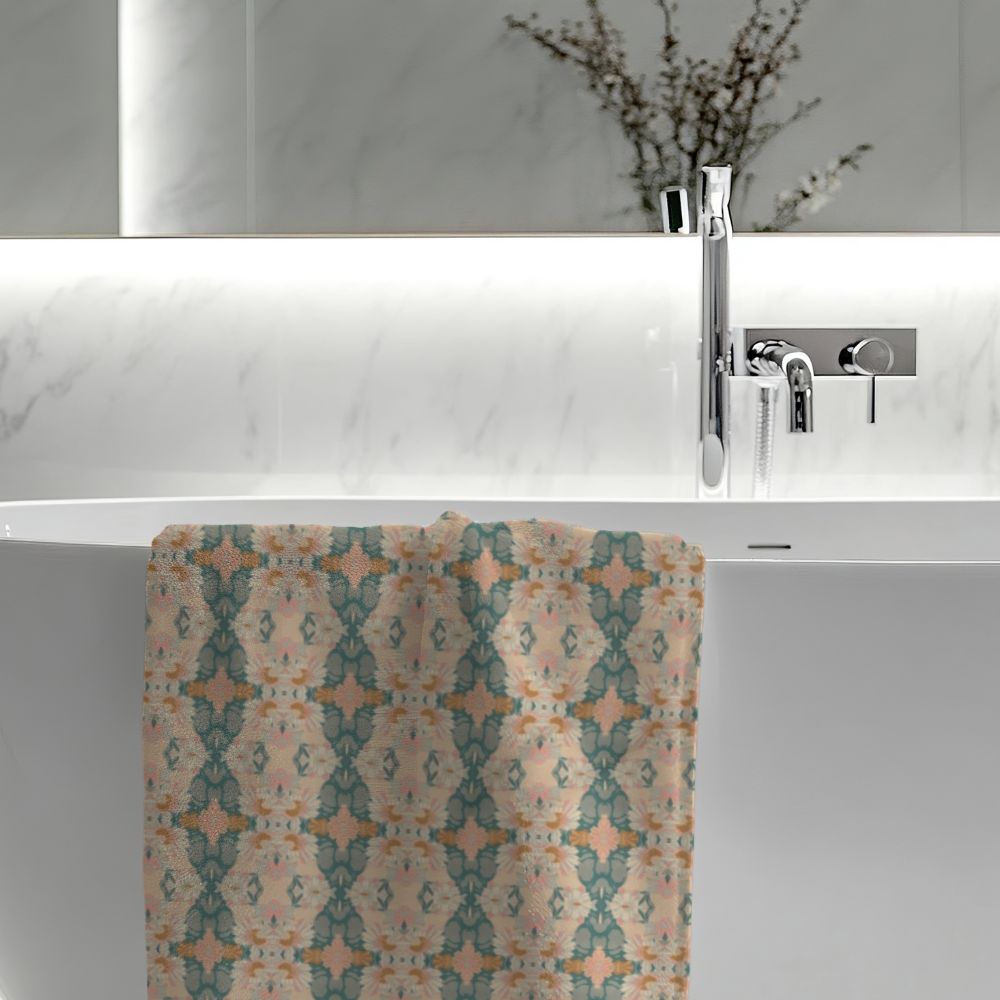 Ortensia Retro Floral Damask Stripe in Pink and Pistacchio Green | Bath Towel - Bath Towel - Piccolo Fiore Prints