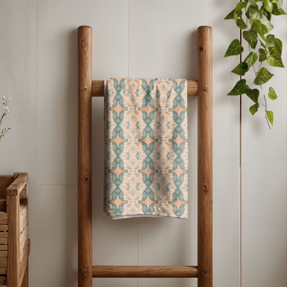 Ortensia Retro Floral Damask Stripe in Pink and Pistacchio Green | Bath Towel - Bath Towel - Piccolo Fiore Prints