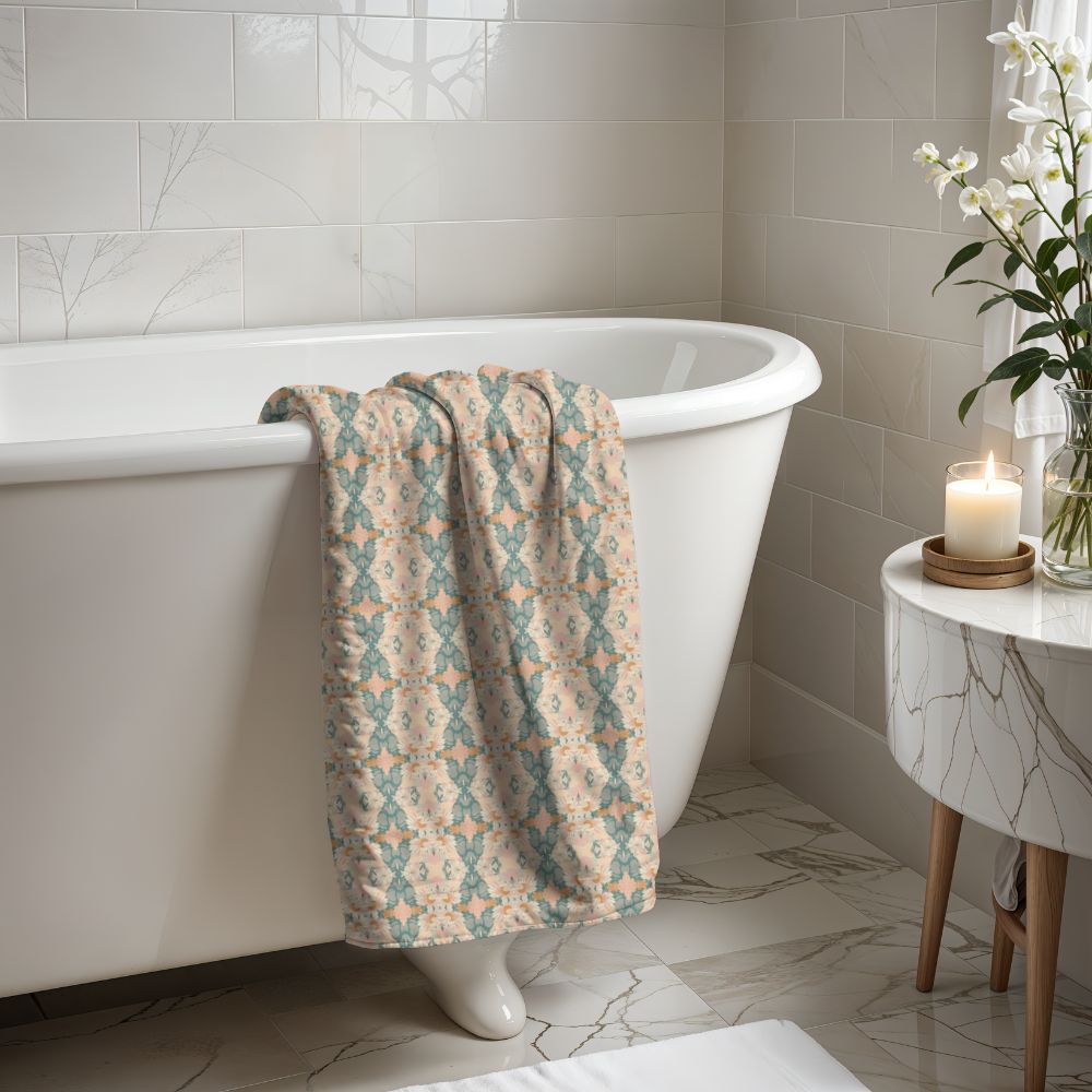 Ortensia Retro Floral Damask Stripe in Pink and Pistacchio Green | Bath Towel - Bath Towel - Piccolo Fiore Prints