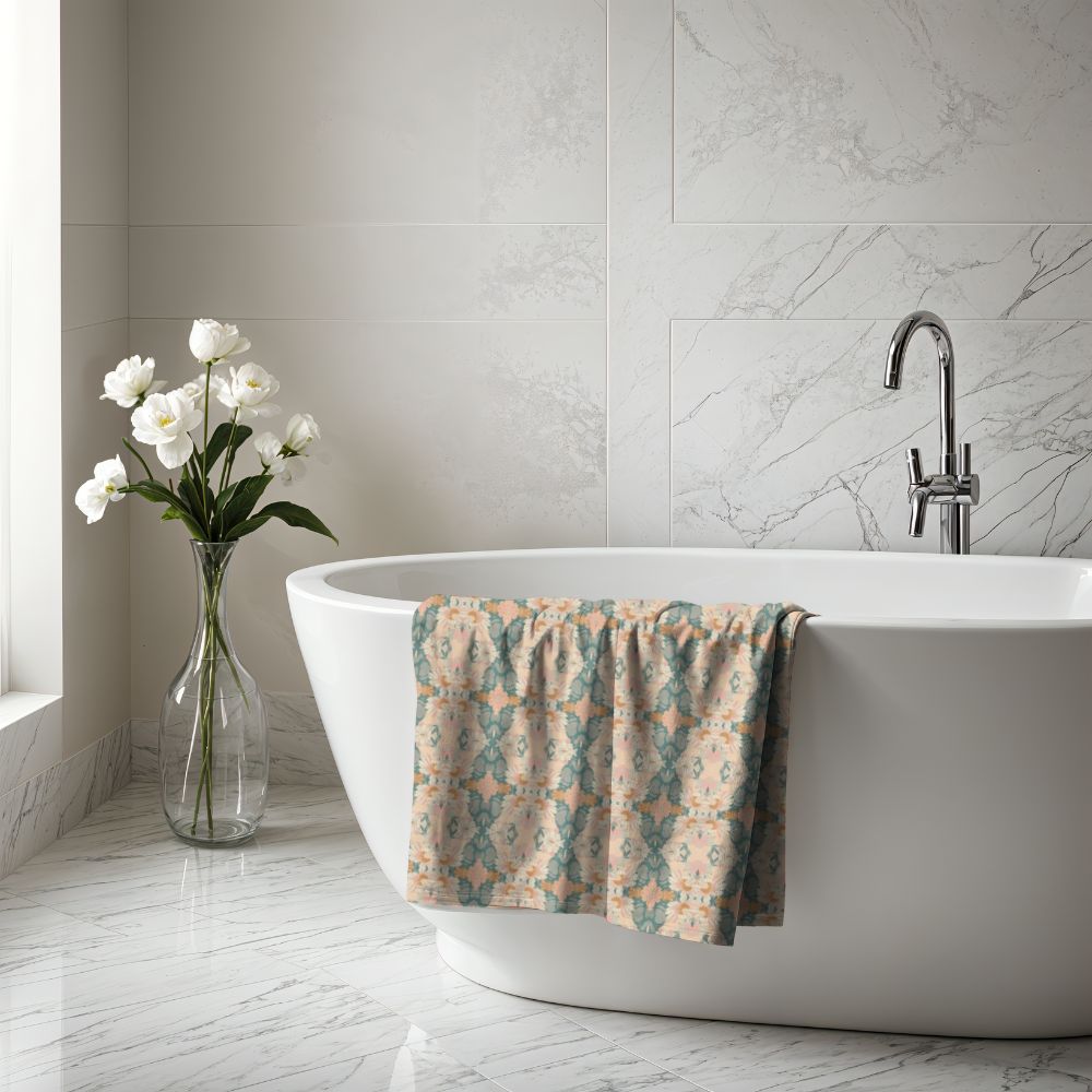 Ortensia Retro Floral Damask Stripe in Pink and Pistacchio Green | Bath Towel - Bath Towel - Piccolo Fiore Prints