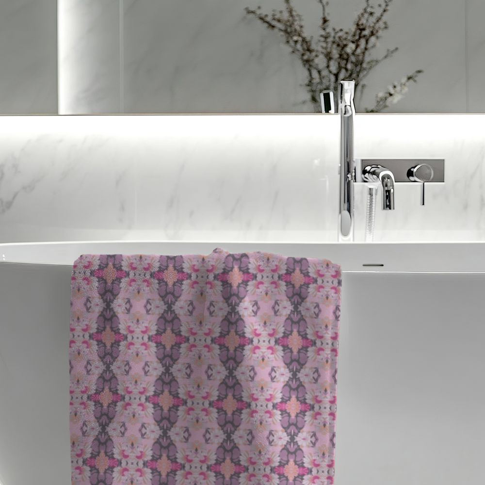 Ortensia Retro Floral Damask Stripe in Pink and Purple | Bath Towel - Bath Towel - Piccolo Fiore Prints