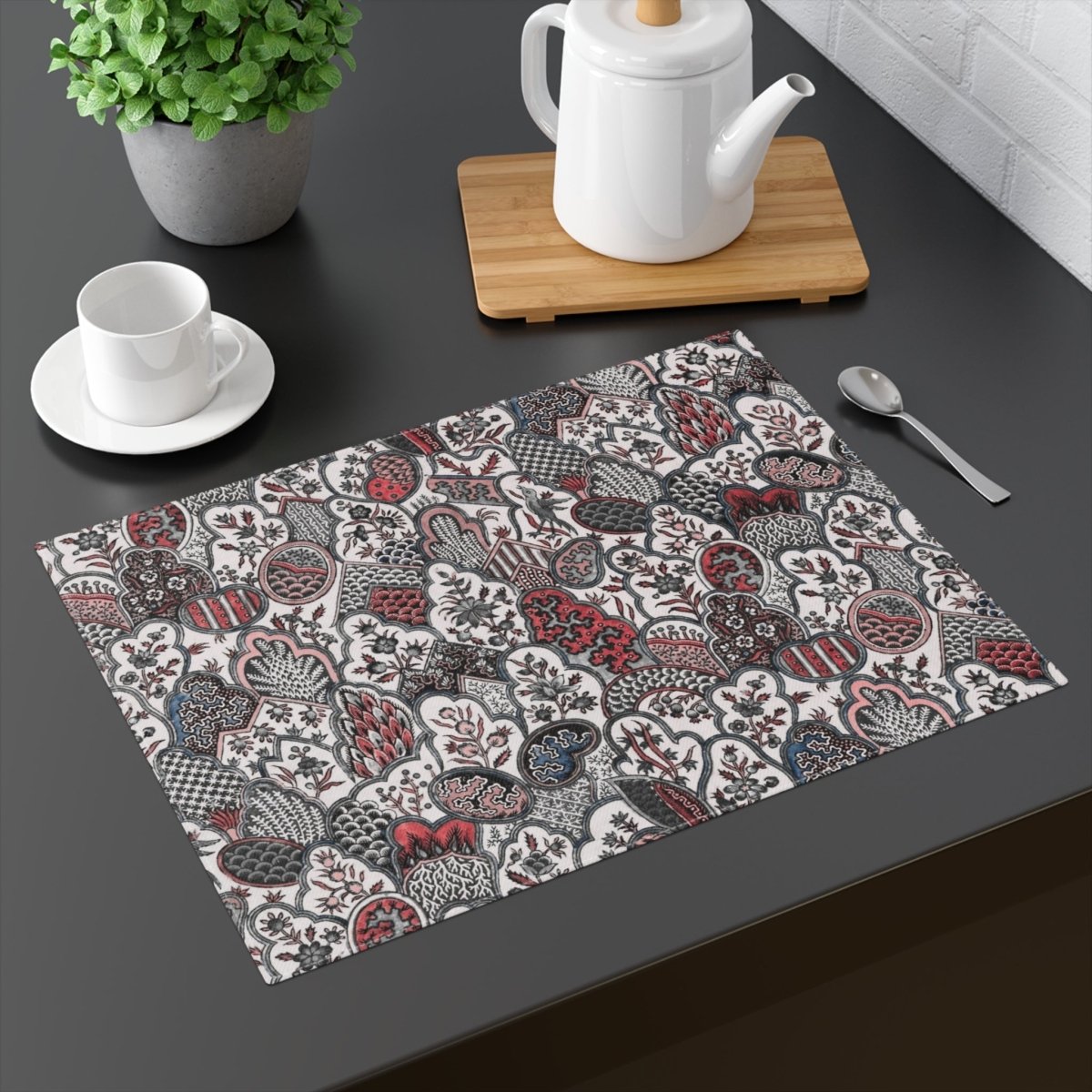 Patchwork Forest in Black, White and Red | Placemat - Cotton Twill Placemat - Piccolo Fiore Prints