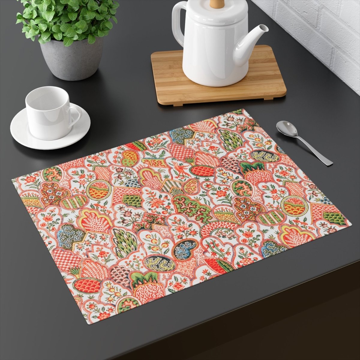 Patchwork Forest in Coral, Green and Blue | Placemat - Cotton Twill Placemat - Piccolo Fiore Prints