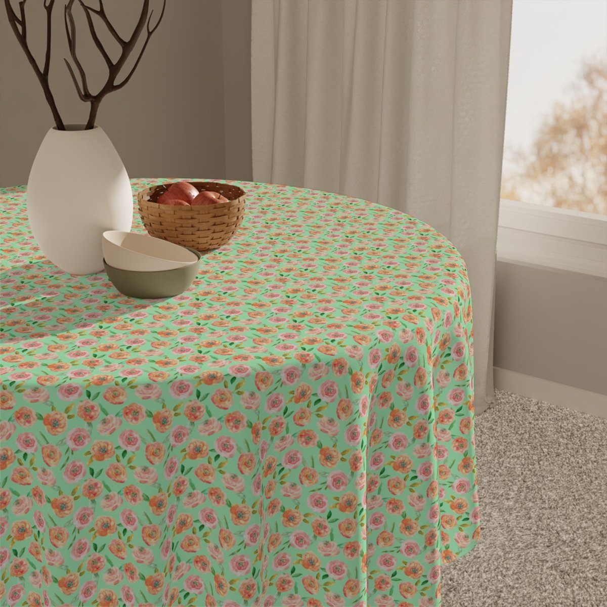 Peach Peony in Green | Tablecloth - Tablecloth - Piccolo Fiore Prints