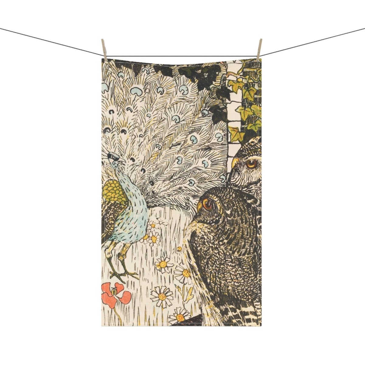 Peacock and Two Owls | Tea Towel - Tea Towel - Piccolo Fiore Prints